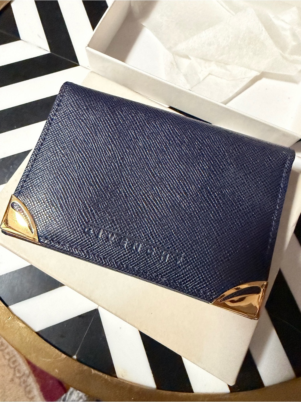 Givenchy Navy Card Holder with Gold Corner Accents